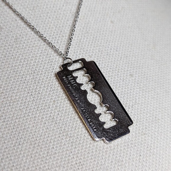 Large Razor Blade Silver Gothic Charm on a Stainless Steel Chain Necklace - Picture 1 of 3